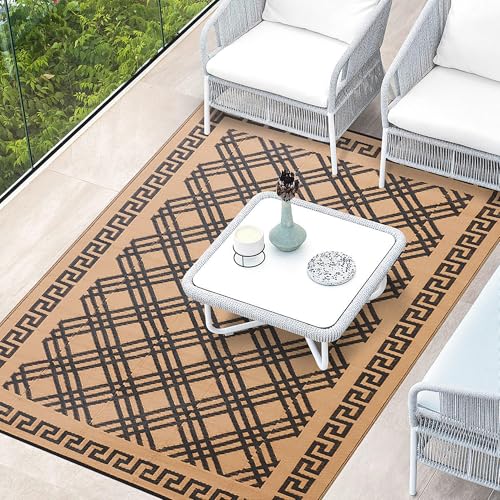 Outdoor Rugs, Outdoor Plastic Straw Rug, Reversible Waterproof Carpet for Camping, Poolside, Garden, BBQ Area, Gazebo Flooring, RV Park & Beach, Classical Style, 5x8 - color: Cross Frame - Black & Brown, size: 5' x 8'