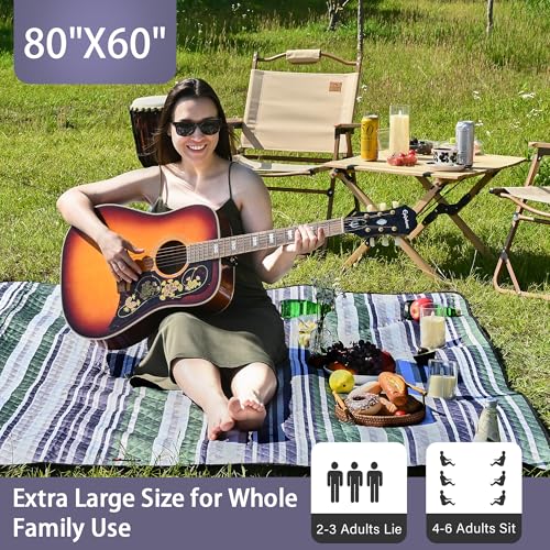 HX&OD Outdoor Picnic Blanket Extra Large, 80''*60'' Waterproof Picnic Mat with Stakes Foldable Camping Blanket Portable with Carry Strap for Beach Mat (Green& White, 80''*60'') - color: Green, size: 5' x 6'8" (Rectangular)
