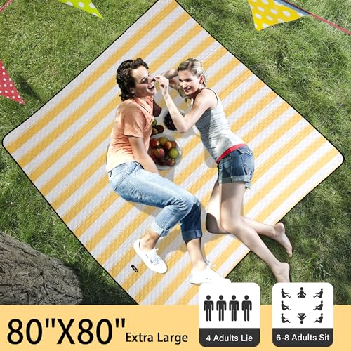 HX&OD Extra Large Picnic Outdoor Blanket, 80”x80” Waterproof Picnic Mat Foldable Camping Blanket Portable with Carry Strap for Beach Mat Outdoor Camping Party(Yellow) - color: Yellow&white, size: 80 x 80 inches