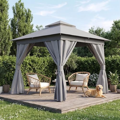 LAUSAINT HOME 8'x8' Outdoor Patio Gazebo, Heavy Duty Party Tent & Shelter with Double Roofs, Mosquito Nettings and Privacy Screens for Backyard, Garden, Deck (Grey) - color: Gray, size: 8'x8'