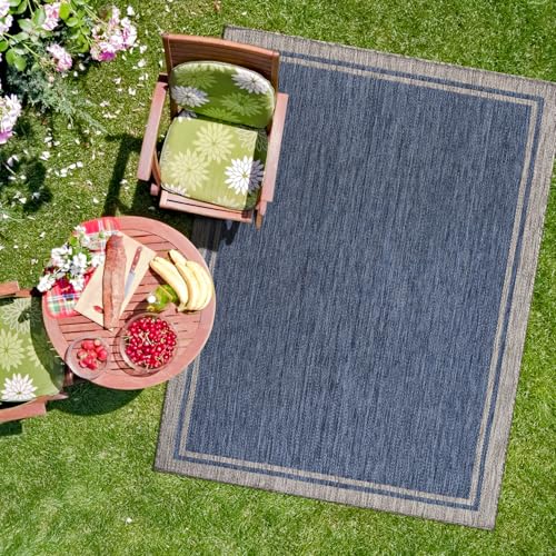CAMILSON Outdoor Rug, 8x10 Bordered Navy Blue Gray Modern Area Rugs for Indoor and Outdoor Patios, Porches Waterproof Washable Porch Deck Outside Carpet (Bordered Navy, 8 x 10) - color: Bordered Navy, size: 8' x 10' (Rectangular)