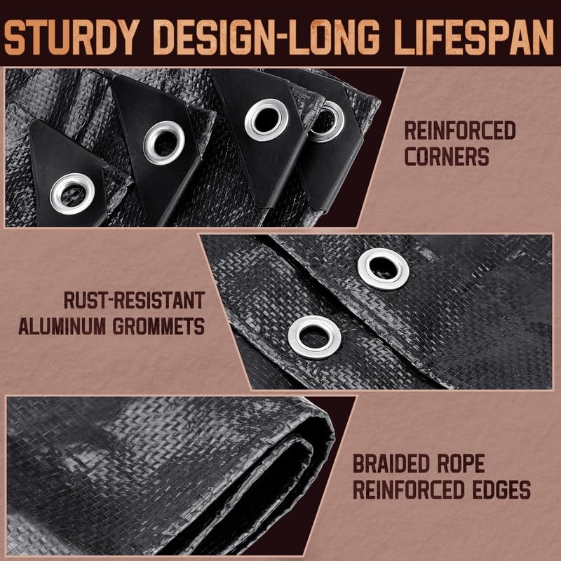 12x20 FT Tarp Waterproof 8 Mil Poly Tarps Medium Duty Waterproof, UV Resistant & Rip Tear Resistant, Multipurpose Protective Cover with Grommets Reversible for Home Boats Cars Plants - color: Black, size: 12x20
