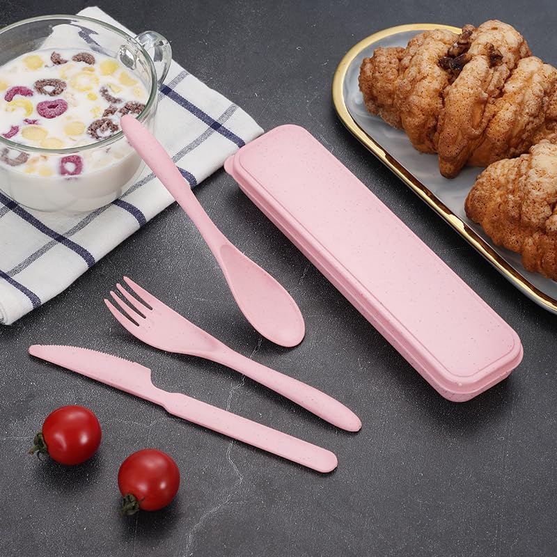 10 Set Reusable Travel Utensils Set with Case,Wheat Straw Travel Cutlery Set Portable Knife Fork Spoons Tableware Picnic Silverware for Party, Picnic, Camping, Kitchen, Camping-Pink&Green - color: Pink&Green