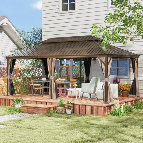 Domi 12' X 20' Hardtop Gazebo, Upgraded Metal Gazebo with Drainage System, Dual-Layer Galvanized Steel Roof, Curtain and Netting, Outdoor Shelter Canopy for Patio, Garden, and Backyard, Brown - color: Brown, size: 12'x20'/w gutter