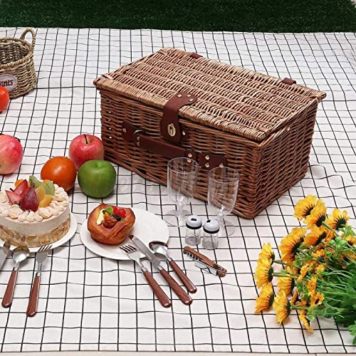 Wicker Picnic Basket for 2 with Waterproof Picnic Blanket and Cutlery, Picnic Set with Sand-Proof Beach Mat, Willow Gift Hamper for Outdoor Lake Beach Camping and Party