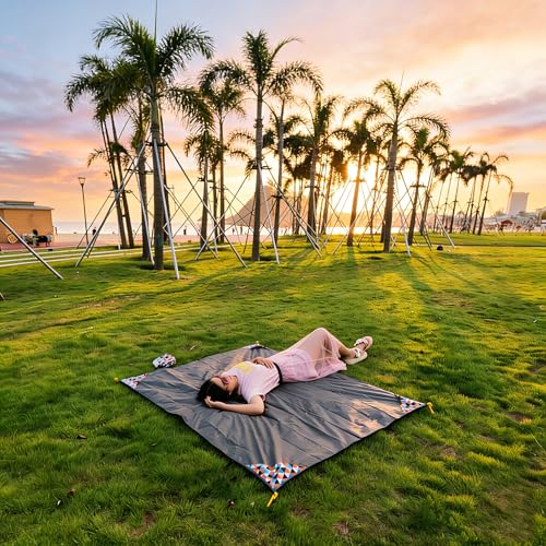 Pocket Blanket 71"x55", Lightweight Compact Sandproof Waterproof Outdoor Blanket for Beach, Hiking, Camping, Travel, Festivals, Picnic with Pockets, Loops, Stakes, Carabiner - color: Lattice Camouflage