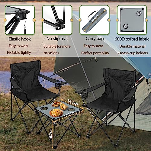 HaSteeL Folding Camping Chair Set of 3, Foldable Black Camp Chairs & Grey Table, Large Lawn Chair Portable for Adults Hiking, Fishing, Picnic, Outdoor BBQ, Travel, Sports, Cup Holders & Storage Bags - color: Black Chairs