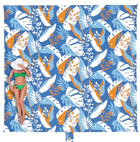 WEKAPO Beach Blanket Waterproof Sandproof Oversized, Extra Large Beach Mat Sand Free, Lightweight & Compact Sand Free Mat with 5 Stakes & 4 Corner Pockets - color: Sea Leaves, size: 9 x 8 FT (1～6 person)