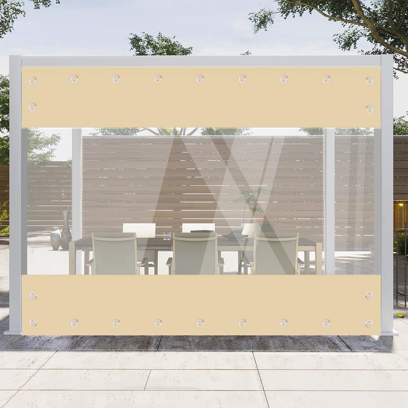 Clear Vinyl Curtains for Patio Enclosure, 23oz Heavy Duty Waterproof Anti-UV and Tear-Resistant Tarpaulin with Grommets, Weatherproof Panels for Porch, Pergola, Gazebo, Balcony, Outdoor - color: Khaki, size: 10'H X 10'W
