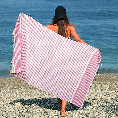 HILLFAIR Cotton Turkish Beach Towels, Quick Dry Lightweight Sand Free Peshtemal Towel for Bath Swim Yoga Spa Travel, Beach Accessories, Oversized Cotton Turkish Towels (39 x 72 inch- 4 Pack Pink) - color: Pink, size: 39 x 72 inch ( Beach towel - 4 PACK )