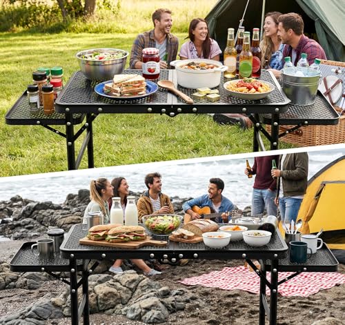Folding Grill Table 30.3" Height Adjustable, Outdoor Camping Table with 2 Extra Desktops, 3x2 FT Portable Metal Grill Table for Outside for Picnic BBQ Camping Beach - style: 30.3"H Grill Table