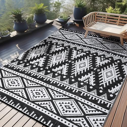 OLANLY Outdoor Rug Waterproof 8x10 ft, Reversible Outdoor Plastic Straw Rug, Boho Patio Rug, Indoor Outdoor Carpet, RV Mat Outside for Patio, Camp, Picnic, Balcony, Deck, Backyard, Black & White - color: Black & White, size: 8' X 10' (Rectangular)