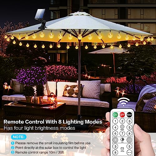 POOCCI Solar Umbrella Lights Crystal String Lights Solar Powered Waterproof 60 LED Patio Umbrella Lights 8 Lighting Modes Fairy Lights Outdoor for Garden Yard Beach Party Wedding Decor(Warm-White)