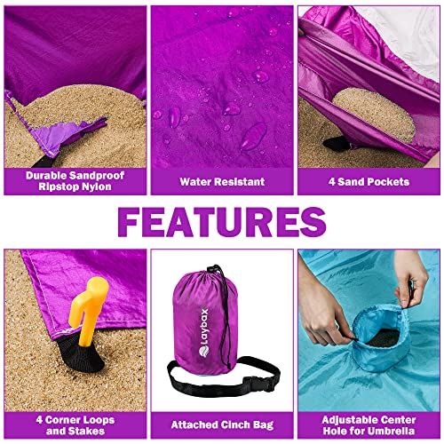 Purple Water-Resistant, Sandproof 10x9ft Beach Blanket With Umbrella Hole–Beach Mat, Compact and Lightweight, Stuff Sack, 4 Stakes, Sand Pockets, Works with Beach Canopies, Umbrellas, Kids Tent - color: Purple, size: 9x10