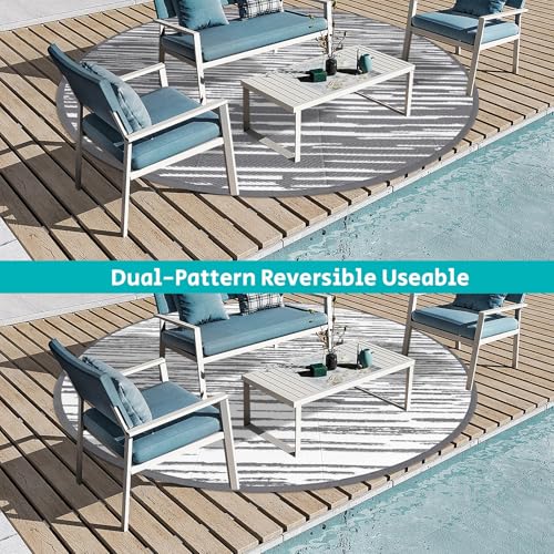 HEBE Round Outdoor Rug 8' Waterproof for Patios Clearance, Reversible Plastic Straw Rug Camping Carpet, Indoor Outdoor Area Rugs Patio Mats for RV,Picnic,Backyard,Deck,Balcony,Porch - color: Stripe/Grey, size: 8' Round