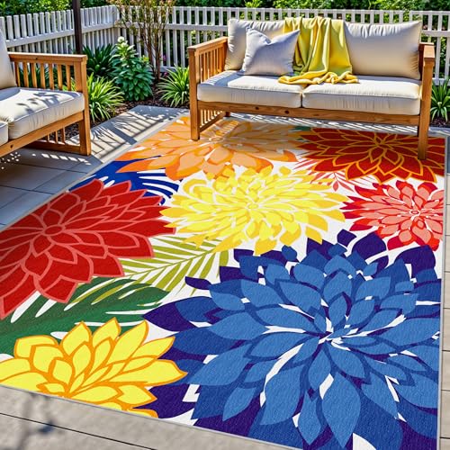 Colorful 6x9 Outdoor Area Rug Washable Multicolored Patio Rug Tropical Botanical Floral Chenille Waterproof Outdoor Carpet Non-Slip for Patio, Deck, Backyard, Porch, Rainbow - color: Multi Colored, size: 6' x 9' (Rectangular)
