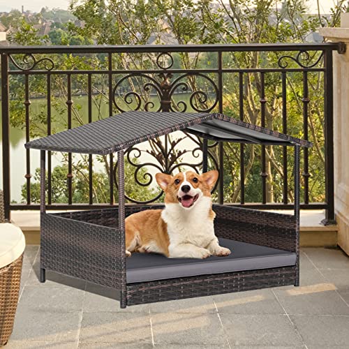 Giantex Wicker Dog House, Raised Rattan Dog Bed with Waterproof Roof, Washable Cushion Cover, Steel Frame, Indoor Outdoor Elevated Dog Bed Pet House for Small Medium Dogs Cats, Easy Assembly - style: Brown House & Gray Cushion