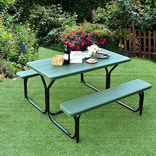 Hysache Picnic Table Bench Set, Patio All Weather Metal Base Camping Table Set w/Wood Texture Tabletop, Steel Frame, Large Camping Picnic Tables for Backyard Poolside Garden Patio Lawn (Green) - color: Green