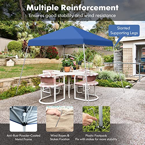 Tangkula 10x10 Ft Pop Up Canopy, Slanted Leg Outdoor Canopy Tent with Center Lock, UPF50+ Sun Protection, 4 Stakes, 8 Ropes, Carrying Bag, 1 Person Setup Instant Tent Shelter for Camp, Beach, Patio - color: Blue