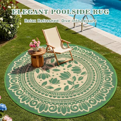 6ft Round Waterproof Outdoor Patio Rug, Reversible Eco-Friendly Plastic Woven Rug, Boho Floral Pattern All-Weather Mat & Picnic Mat for RV, Camping, Deck, Porch, Backyard and Garden, Green - color: Green Flower, size: 6' (Round)
