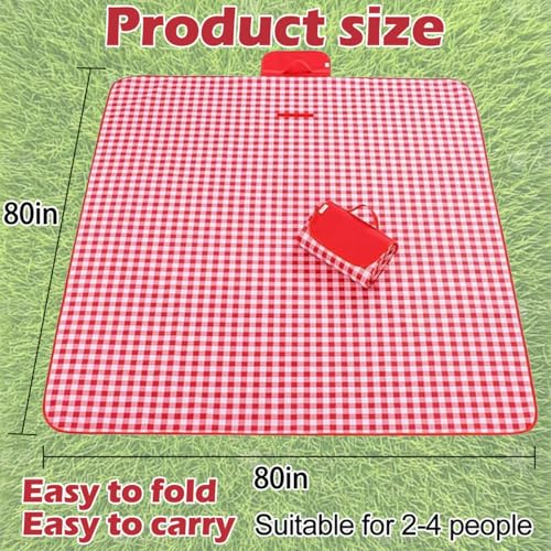Extra Large Picnic Outdoor Blanket, 80''x80'' Waterproof Sand Beach Mat, Foldable Blankets Gingham Picnic Mat for Beach Camping Grass Lawn Park Hiking Travel Accessories Family Concerts(Red White) - color: Red, size: 80''x80''