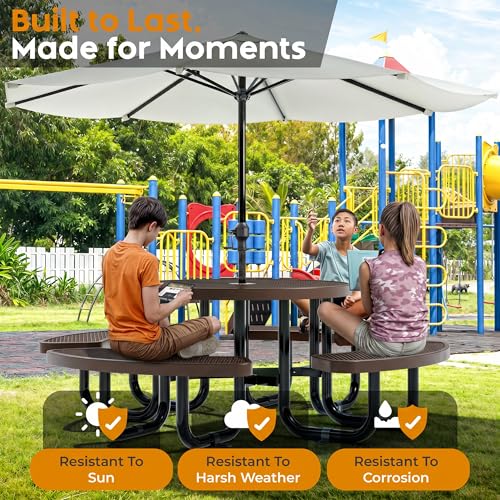 Round Metal Picnic Tables for Kids for Outdoors with Umbrella Hole, Adjustable Seats for School, Park, Playground (Brown, 38 in, Kids, Expanded Steel) - color: Brown, size: 38 In, Kids, Expanded Steel
