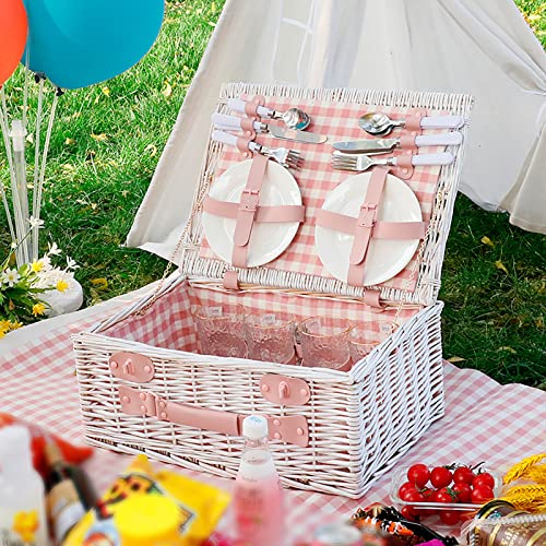 Stainless Steel Tableware Cutlery Set, Picnic Basket Natural Wicker Picnic Hamper Picnic Hamper Cutlery Set Insulated Wicker Flatware Set (Pink Grid 4 Person) - color: Pink Grid, size: 4 Person