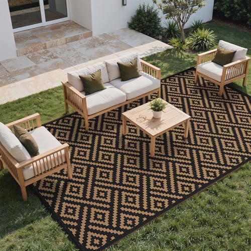 sarben Outdoor Rug for Patio - Waterproof Plastic Straw Camping Rugs 10x20 ft, Reversible Outdoor Indoor RV Mat Carpet for Patio, Porch, Deck, Balcony, Picnic, Beach, Black Brown - color: Black&brown, size: 10' x 20' (Rectangular)