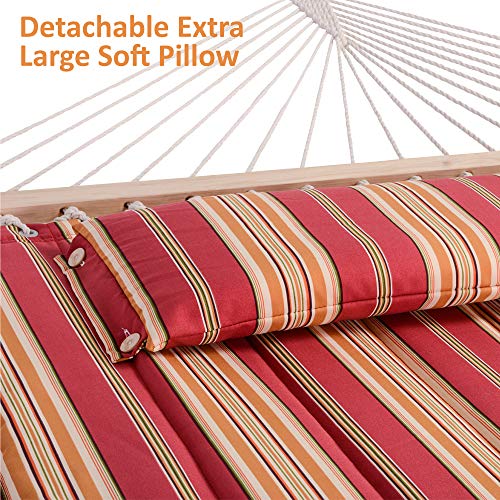 SUNCREAT Outdoor Hammock with Stand, Two Person Quilted Fabric Hammock Swing with 12ft Steel Stand, Red Stripes - color: Red&brown, size: 12 ft Stand