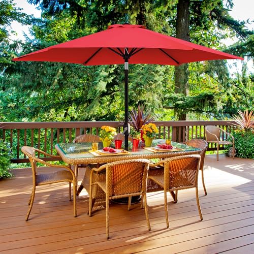 Yaheetech 9FT Patio Umbrella Outdoor with Heavy Duty Base Included,Table Umbrella with Push Button Tilt and Crank, UV Protection Waterproof for Yard/Outdoor/Wedding Parties and Events - Red - color: Red, size: 9FT