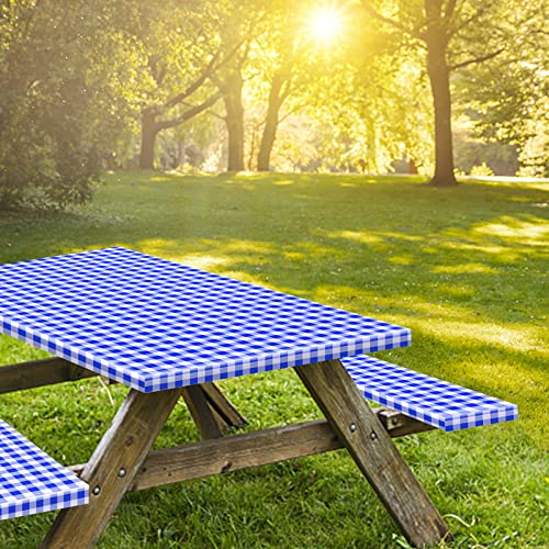 7ft Picnic Table and Bench Cover, Camping Essentials RV Gear, 84 in Waterproof Windproof Outdoor Elastic All Around Tablecloth, Fitted Rectangle Tables and Seats, Blue-White Checkered - color: Blue-white Checkered, size: 84"