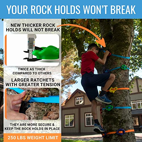 Hyponix Ninja Tree Climbing Kit – 16 Large Rock Holds & 8 Ratchets, 10-Minute Setup, Thicker Textured Grips, Supports 250lbs, CPC Certified Safety, Portable Bag – Backyard Fun & Ideal Gift for Kids - style: Black - Monkey Tree Climbers 2.0
