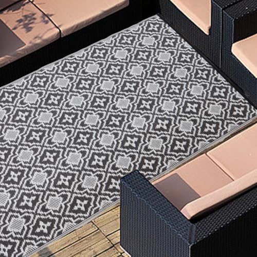 Alfolo Outdoor Rug Waterproof 4x6 Outdoor Mat Small Porch Balcony Rug,Reversible Plastic Straw Rug for Camping Black and White Outdoor Mats for Patio, Deck, RV, Camping, Beach, Backyard - color: Black&gray, size: 4' x 6' (Rectangular)