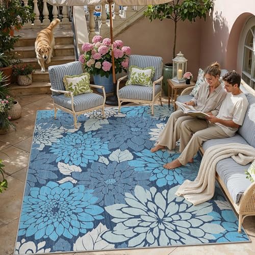 HUGEAR Floral Textured Weave Indoor Outdoor Area Rug 8X10 Washable High Traffic Stain Resistant Non Slip Durable Carpet for Livingroom Patio Deck Balcony Courtyard (Blue, 8' x 10') - color: Multi Floral / Blue, size: 8'x10' (Rectangular)
