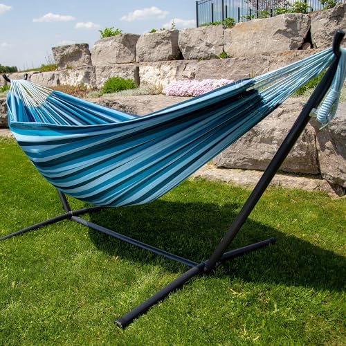 Vivere Double Cotton Hammock with Space Saving Steel Stand, Upgraded Polyester End Strings 450 lb Capacity - Premium Carry Bag Included - USA Grown Cotton (Blue Lagoon) - color: Blue Lagoon