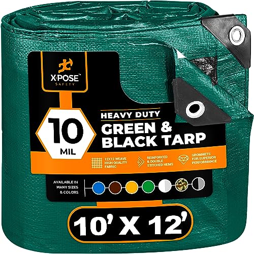 Heavy Duty Poly Tarp 10 Feet x 12 Feet 10 Mil Thick Waterproof, UV Blocking Protective Cover - Reversible Green and Black - Laminated Coating - Grommets - by Xpose Safety - color: Green/Black, size: 10 Feet X 12 Feet