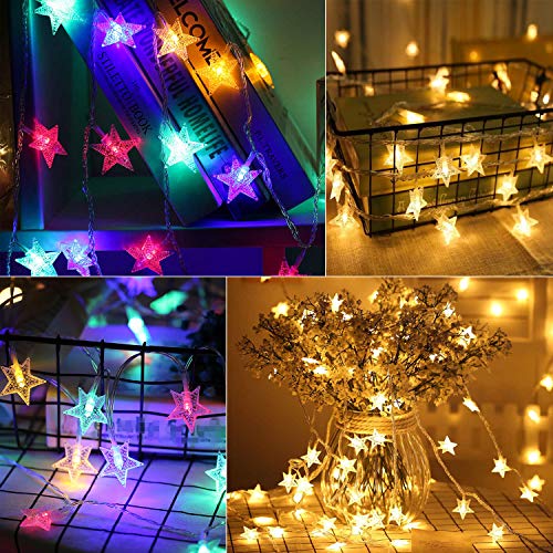Minetom Star String Lights Plug in - 33 ft 100 LED Star Fairy String Lights with Remote and Timer, Waterproof for Bedroom Tent Loft Bed Shelf Porch Patio Garden Party Décor, Warm White + Multicolor - color: Warm White + Multicolor - 33ft