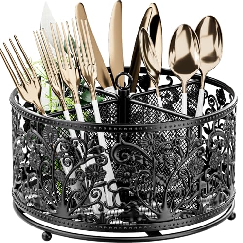 YIUKEA 360° Rotating Utensil Caddy - Silverware Cutlery Caddy Holder with 4 Compartment, Metal Flatware Organizer Countertop with Handle for Party Camping Picnic, Kitchen Counter, Office (Black) - color: Black