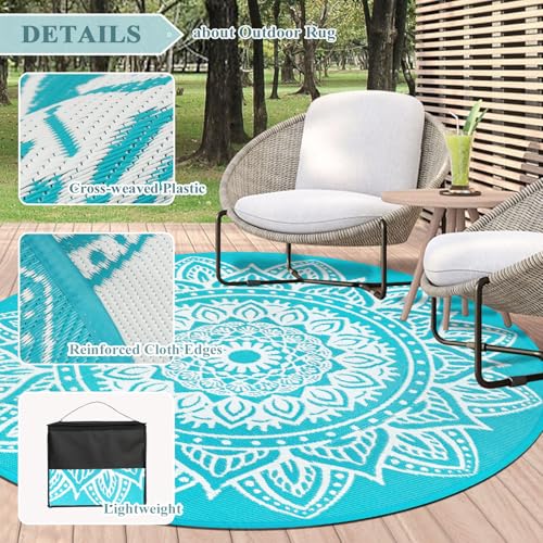 famibay Round Outdoor Rugs for Patios 5 Ft Round Outdoor Rug Waterproof Round Patio Rug Outdoor Plastic Straw Rug Lightweight Boho Outdoor Carpet Mats for Patio Backyard Camping Porch(Teal) - color: Teal, size: Round 5ft