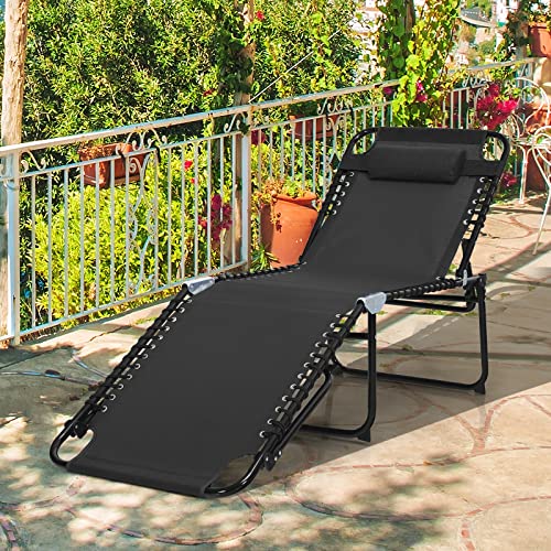 GYMAX Lounge Chairs for Outside, Extra High Folding Beach Tanning Lounger with 4-Level Adjustable Backrest, 2-Level Footrest & Removable Pillow, Sunbathing Lounge for Patio, Lawn, Poolside (1, Black) - color: Black