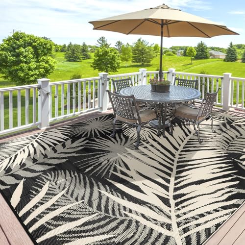 Outdoor Rug Waterproof for Patios Clearance, Reversible Outdoor Plastic Straw Rug Camping Carpet, Outside Floor Mats Large Area Rugs for RV,Patio,Deck,Porch,Beach, Balcony，8'x10',Black&Beige - color: Black&beige, size: 8' x 10' (Rectangular)