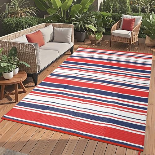 GarveeHome Modern Geometric Lines 9x12 Colorful Reversible Plastic Straw Outdoor Large Rug Non Shedding Stain Portable Outside Carpet for Trailer Backyard Balcony Camping Pool Rv,Red Navy White - color: Geometric Stripes| Red Navy White, size: 9' x 12' (R