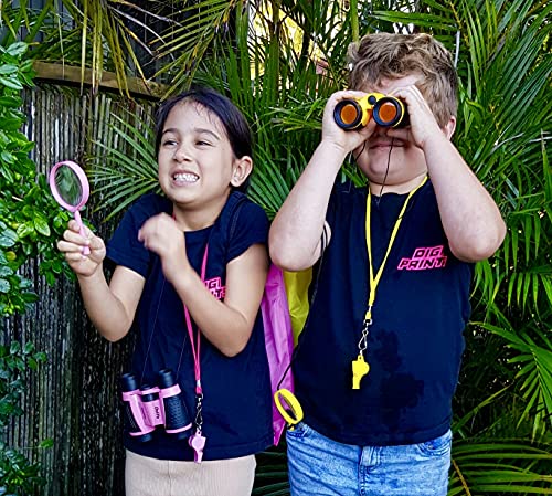 Adventure Kidz - Outdoor Exploration Kit, Children’s Toy Binoculars with Case, Flashlight, Compass, Fox Whistle, Magnifying Glass, Backpack. Great Gift Set for STEM, Pretend Play - color: Pink