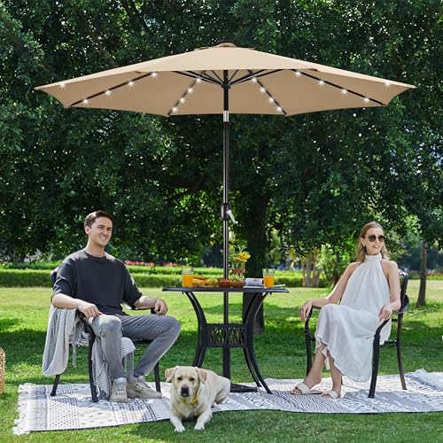 Yaheetech 10FT Solar Powered Patio Umbrella - UV Protection Market Table Umbrella w/ 32 LED Lights & Push Button Tilt & Crank Lift System for Garden/Lawn/Deck/Backyard/Pool,Tan - color: Tan, size: 10FT