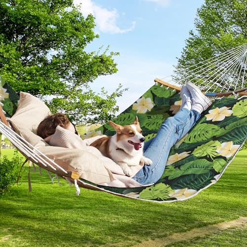 Double Hammock, 11 FT Quilted Fabric 2 Person Hammock for Outside with Pillow, Folding Curved Spreader Bar, Chains, Carrying Bag, Indoor Outdoor, 450 IB Capacity, GreenLeaves - color: Greenleaves