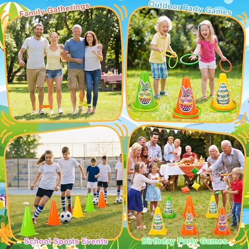 4-in-1 Plastic Carnival Party Games Set,Includes Ring Toss Games, Bean Bag Toss Games, Cones & 3-Legged Race Games, Sports & Outdoor Game Toys for Backyard, Birthday & Family Party