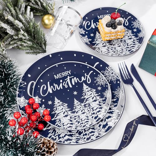 Supernal 150pcs Blue Christmas Plastic Plates - Christmas Party Tableware Set Include Blue Plastic Plates with White Xmas Trees, Heavy Duty Silverware Disposable, Silver Cups for New Year - color: 150pcs Blue and White Christmas Plastic Dinnerware Set