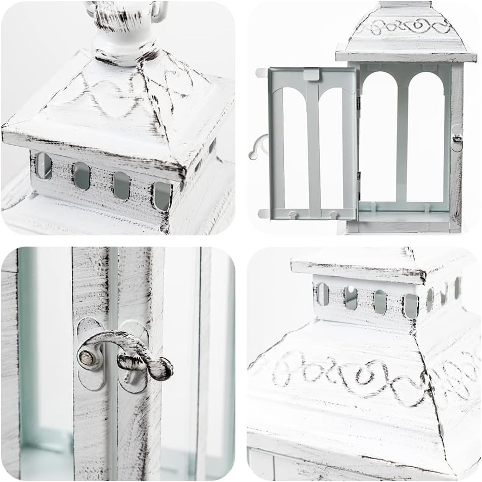 Lanterns Decorative Indoor & Outdoor, Medium Hanging Home Decor, Vintage Metal Decorative Candle Lanterns for Outdoor Patio Wedding Party White with Black Brush - color: White |||