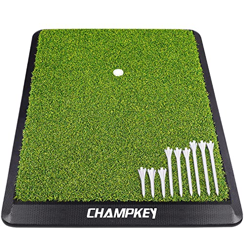 CHAMPKEY Premium Synthetic Turf Golf Hitting Mat | Heavy Duty Rubber Base Golf Practice Mat | Come with 1 Rubber Tee and 9 Plastic Tees - size: S (8.5" x 17"), style: LITE Version