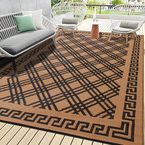 Outdoor Rugs, Outdoor Plastic Straw Rug, Reversible Waterproof Carpet for Camping, Poolside, Garden, BBQ Area, Gazebo Flooring, RV Park & Beach, Classical Style, 5x8 - color: Cross Frame - Black & Brown, size: 5' x 8'